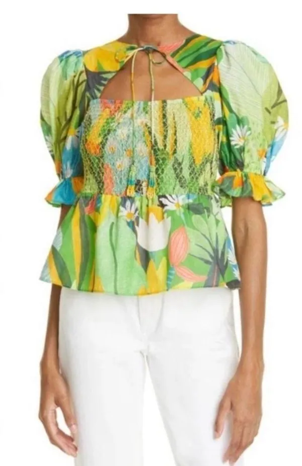 Farm Rio Vintage Toucans Smocked Peplum Top Medium - Image 2