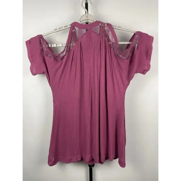 Free People Purple Pink Cold Shoulder‎ Floral Lace Sleeve Gauze Mini Dress - Image 9