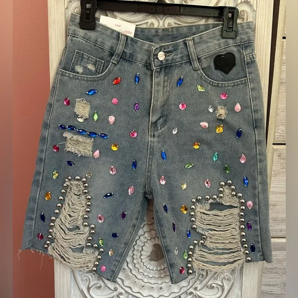Streetwear bedazzled Jewel Studded bling frayed high Waisted Denim Shorts NWT LG - Image 6