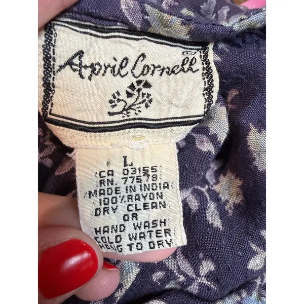 April Cornell Vintage Purple Floral Rayon Midi Dress Ruffle Sleeve V-Neck Large - Image 5
