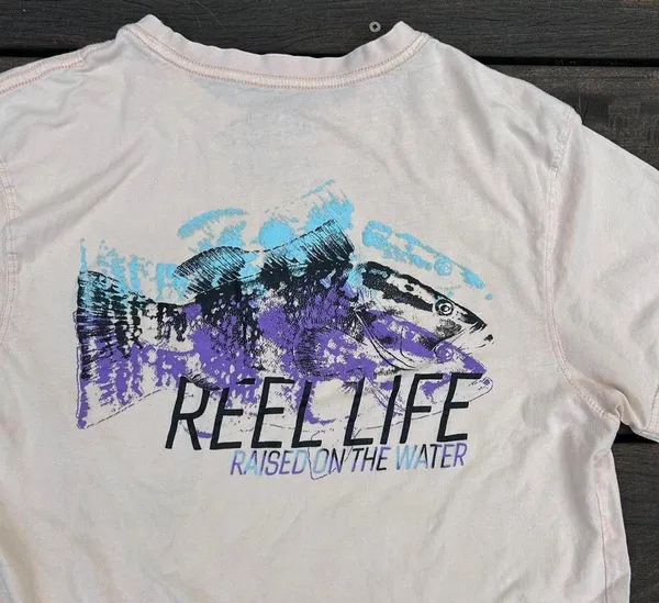 Reel Life Pale Pink Short Sleeve Graphic Tee T-Shirt w/ Purple/Blue Fish Design - Image 2