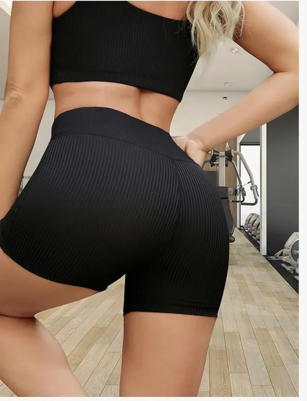 Workout Set for Women 2 Piece Ribbed Seamless High Waist Crop Top & Shorts - Image 3
