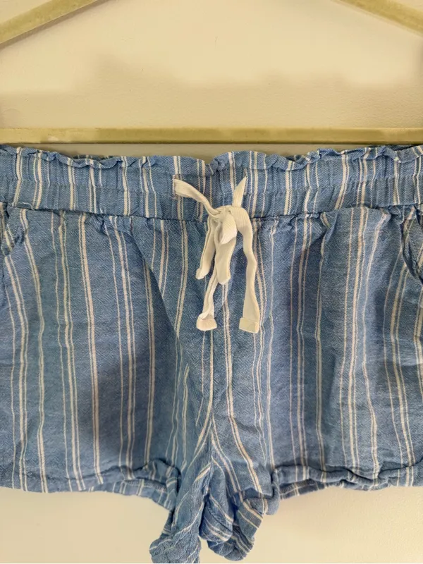High-Waist Light Blue Striped Drawstring linen blend Shorts - Image 2