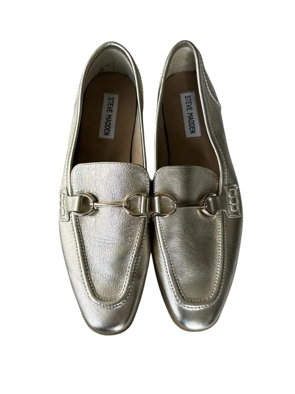Steve Madden Carrine Metallic Gold Leather Loafers Goldtone Horsebit Buckle 9.5 - Image 3