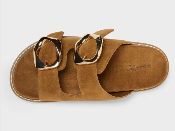 Universal Threads Suede Double-Buckle Slide Sandals in Brown with Gold Hardware - Image 3