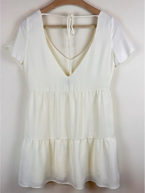 Show Me Your Mumu Ivory Tiered Babydoll Mini Dress XS V Neck Tie Back Bridal - Image 10