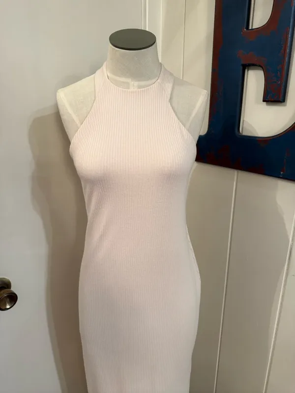 Vici Tyche Sleeveless thick Ribbed Bodycon Maxi Dress in cream Side slit Sz M - Image 3