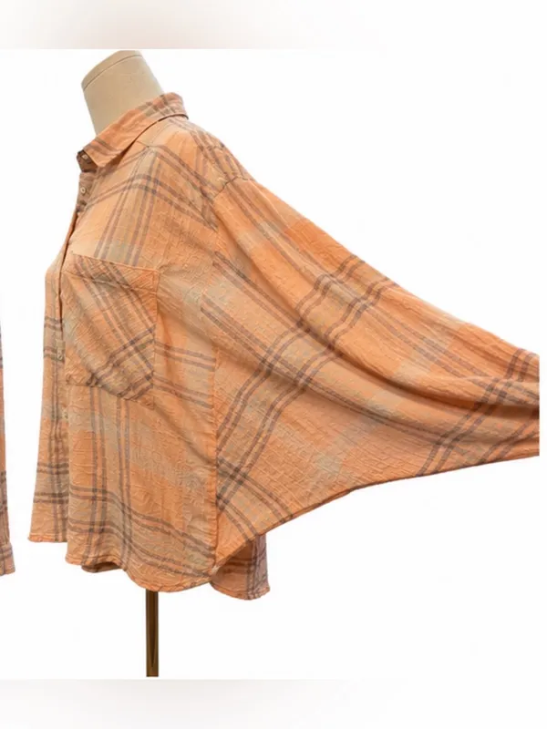 Free People Gauze Button Front Shacket Shirt Peach Gray Plaid Medium - Image 2