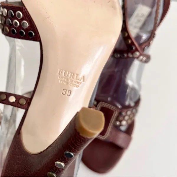 Furla Brown Leather Studded Strappy Heeled Sandals, Size 39 - Image 9