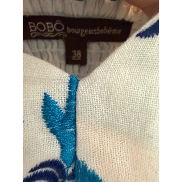 BoBo Bourgeois Boheme Blue Floral Embroidered Puff Sleeve Top Size 38 V-Neck - Image 3