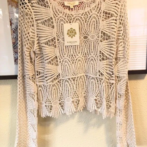 Rebellion NEW Cream Cotton Crochet Long Sleeve Sweater M - Image 2