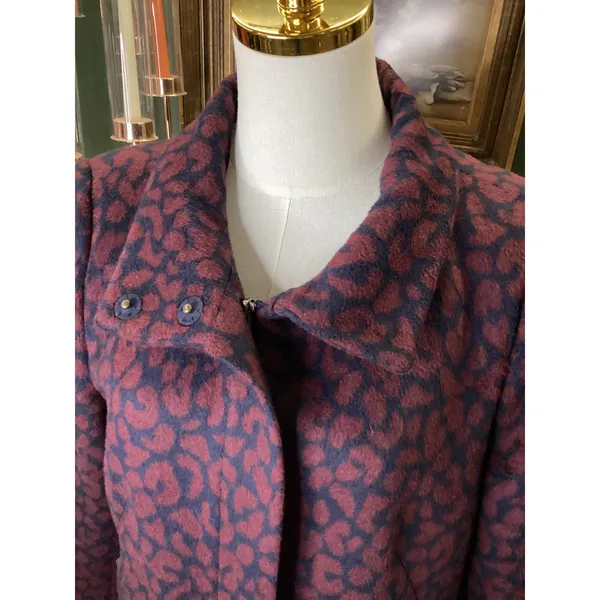 Ann Taylor Loft Womens Burgundy Navy Leopard Print Wool Blend Car Coat Size M - Image 2