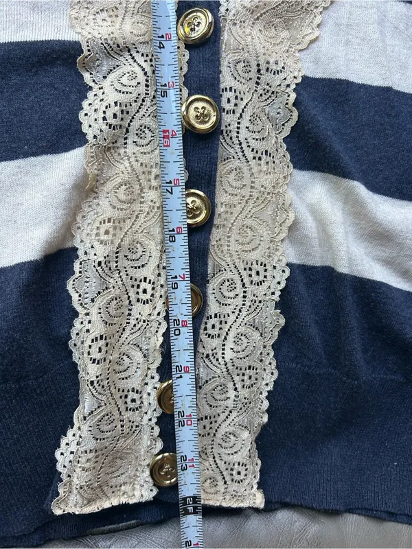 RXB stripped Navy and Cream Lace-Trim Cardigan Sweater - Image 7
