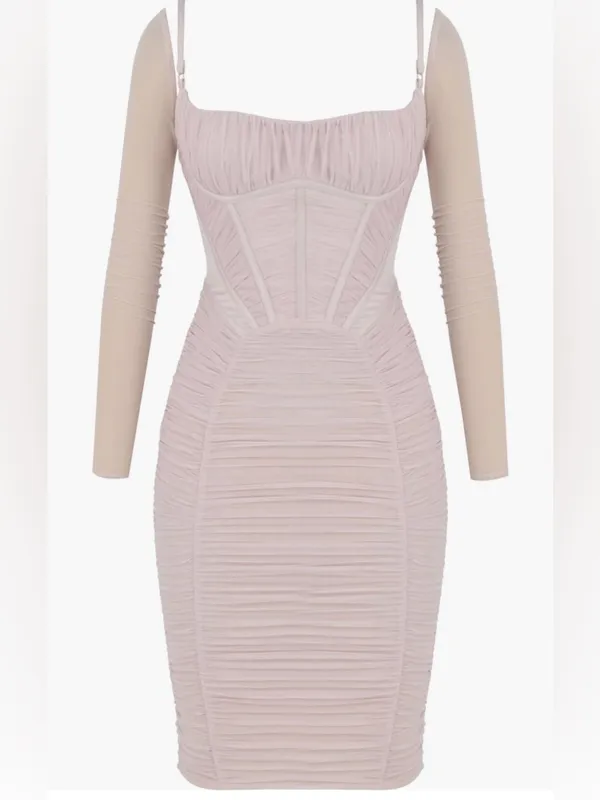House of CB FREYJA Satin Ruched Long Sleeve Body-Con Dress Small A/C Crystal - Image 3