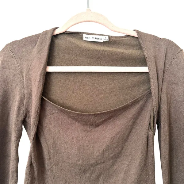 AVEC LES FILLES‎ Knit Scoop Neck Top Brown Small - Image 2