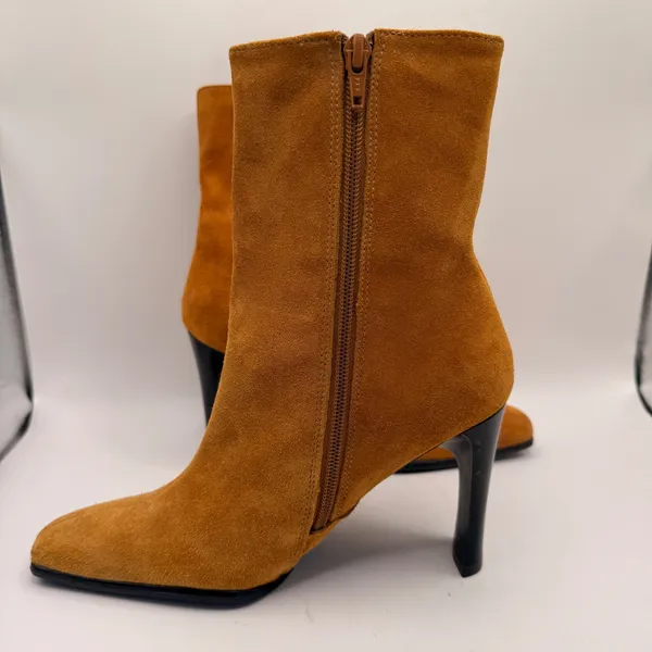 Predictions Leather Collection Tan Suede Fringe Square Pointed Toe Boots Size 7 - Image 3