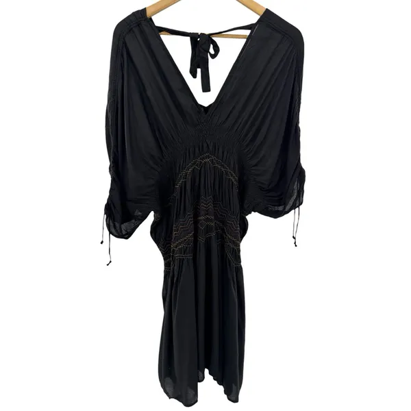 Free People Black Rainbow Smocked Boho Mini Dress S Ruched‎ Embroidered NWT - Image 8