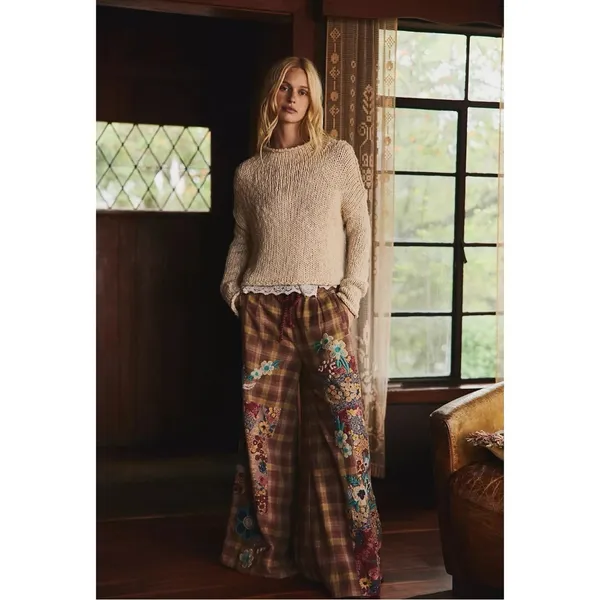Free People Bohemian Brooks Embroidered Plaid Wide Leg Patchwork Pants Size XL - Image 2