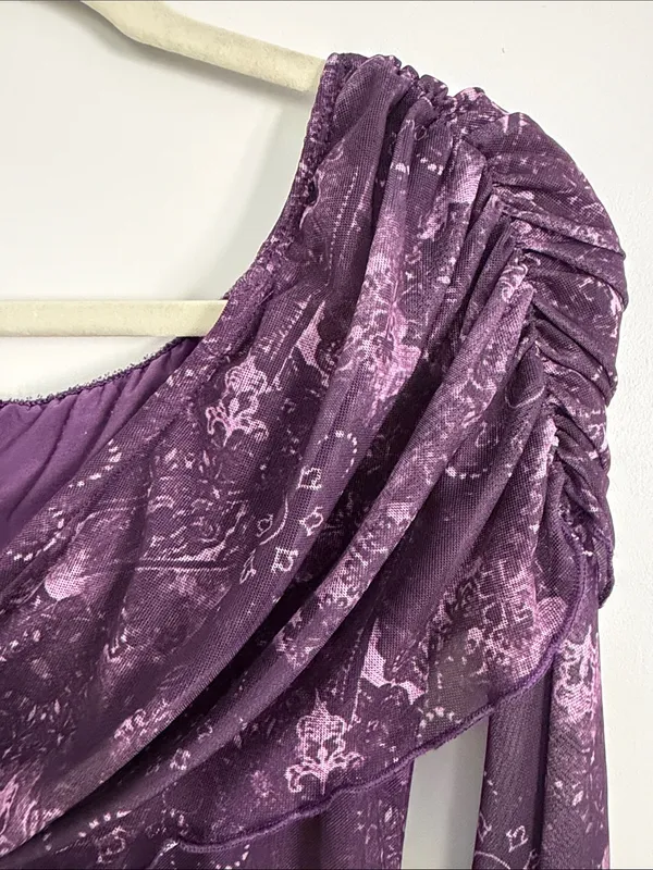 Purple Off-shoulder Long Sleeve Mini Dress with Draped Neck and Bell Sleeves - Image 3