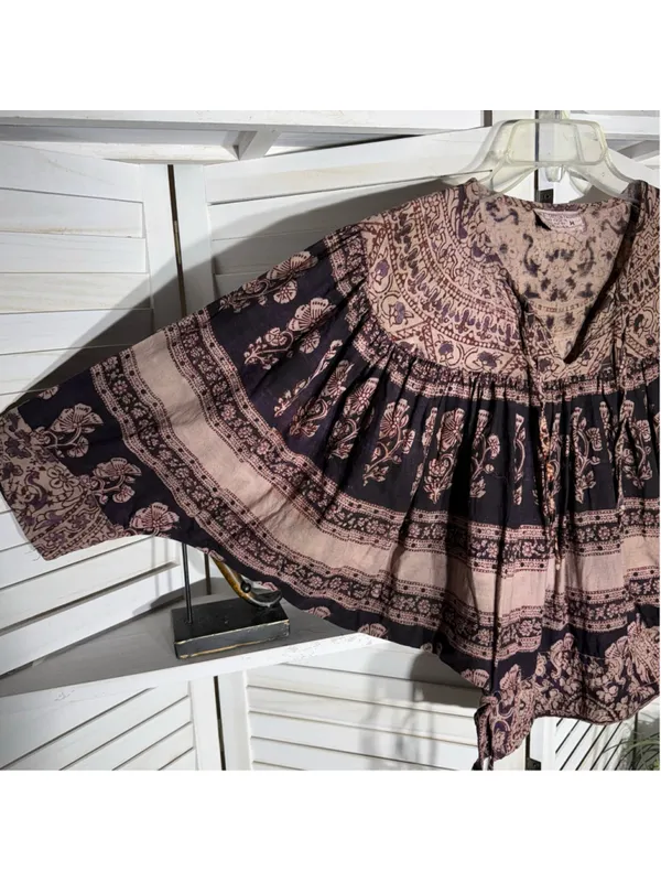 Vintage 70s hippie boho top paisley floral oversized cotton brown whimsigoth M - Image 4