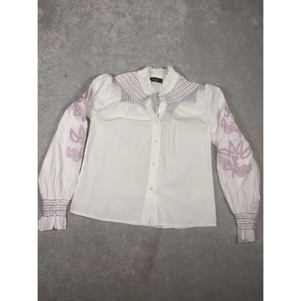 veroalfie‎ embroidered ruggle smocked blouse white Puff Sleeve Anthropologie 2 - Image 4