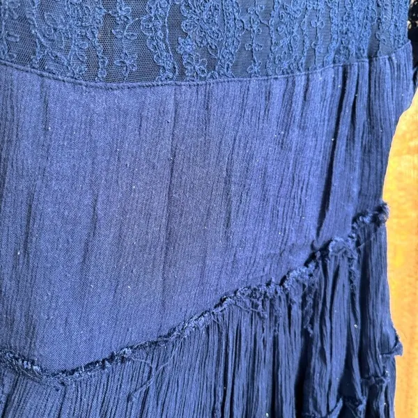 Free People Navy Blue Tiered Distressed Boho Lace Embroidered Dress Small - Image 9