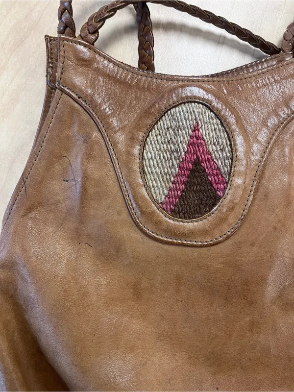 Vintage Leather Hobo Shoulder Bag W/ Woven Strap & Central Tapestry Inset - Image 5
