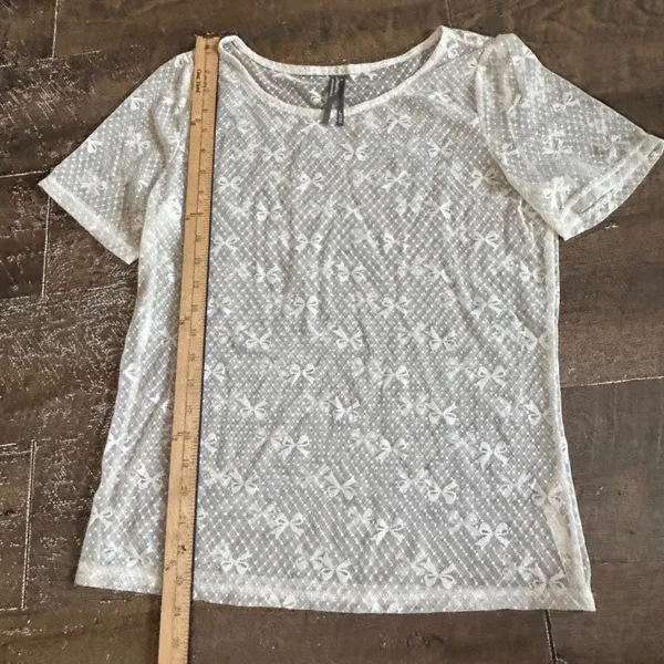 Anthropologie White Sheer Mesh Bow Polka Dot Lace Short Sleeve Top Large - Image 5