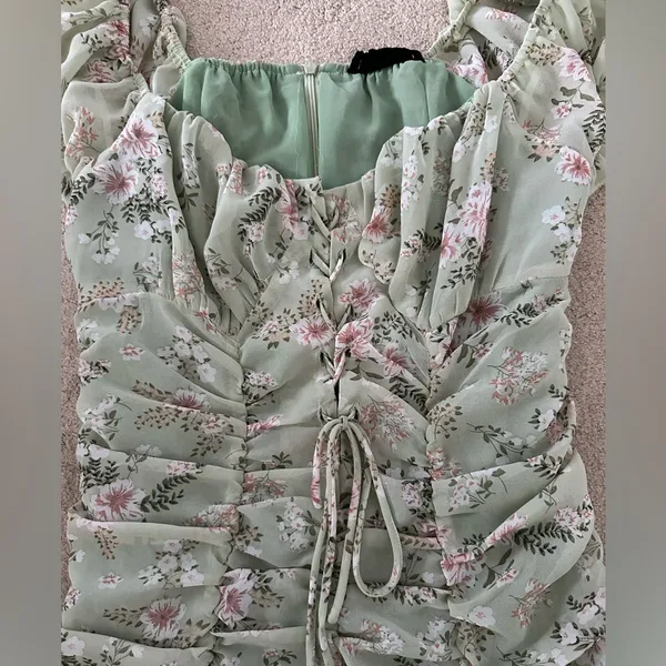 Hazel Boutique Green Floral Ruched Ruffled Mini Dress - Image 6