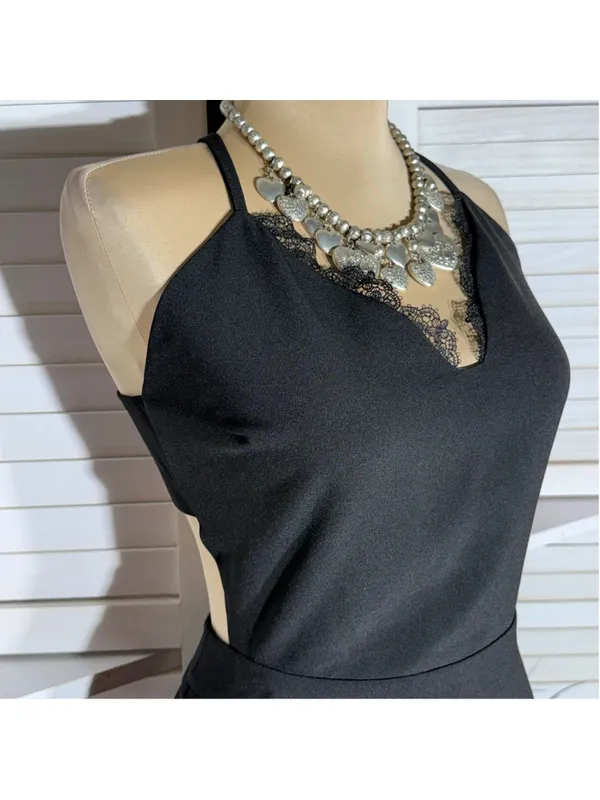 Black cocktail midi dress open back deep V pencil wedding guest sexy homecoming - Image 6