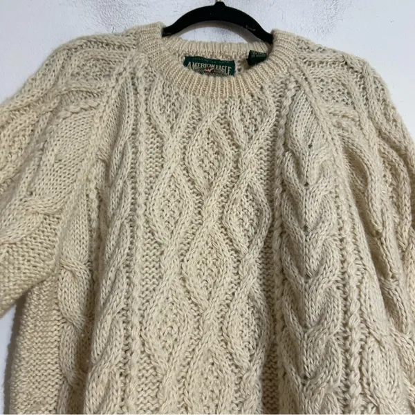 American Eagle VTG Icelandic Wool Cable Knit Chunky Sweater Fisherman Preppy - Image 3