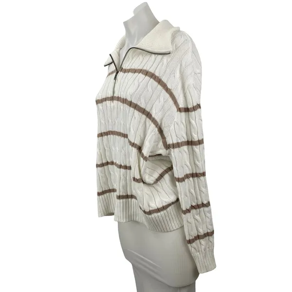 Hollister Womens White Brown Cable Knit 1/4 Zip Collared Polo Sweater Top Size S - Image 3
