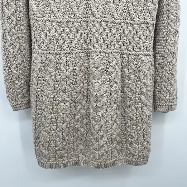 inis crafts merino 100% wool Sweater L Tan Long Full Zip Cable Knit Ireland Boho - Image 10