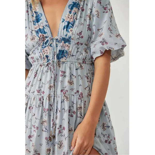 Free People Bohemian Billowy Cottage Lysette Maxi Dress Periwinkle Floral Medium - Image 11