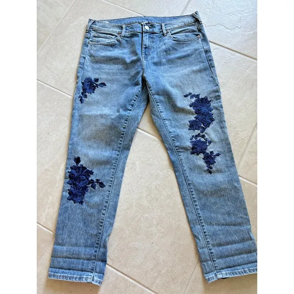 True Religion Jeans‎ Womens Sz 32 Cameron Slim Boyfriend Blue Embroidered Y2K - Image 4