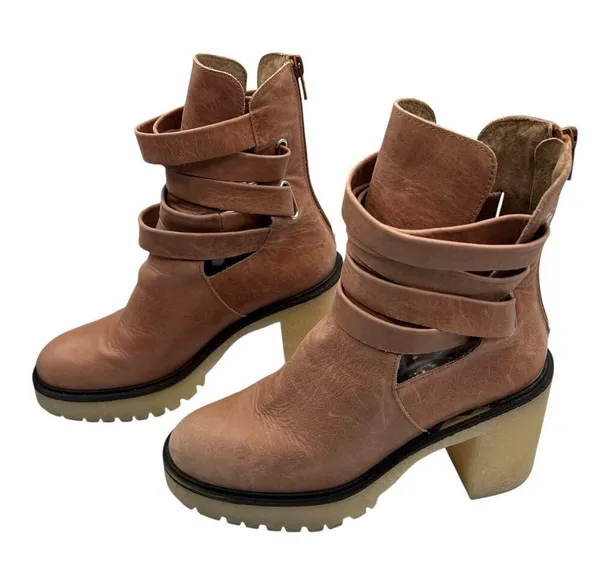 Free People US 9 EU 39 Jesse Cutout Strappy Platform Boots Brown Tan Heeled Boho - Image 10