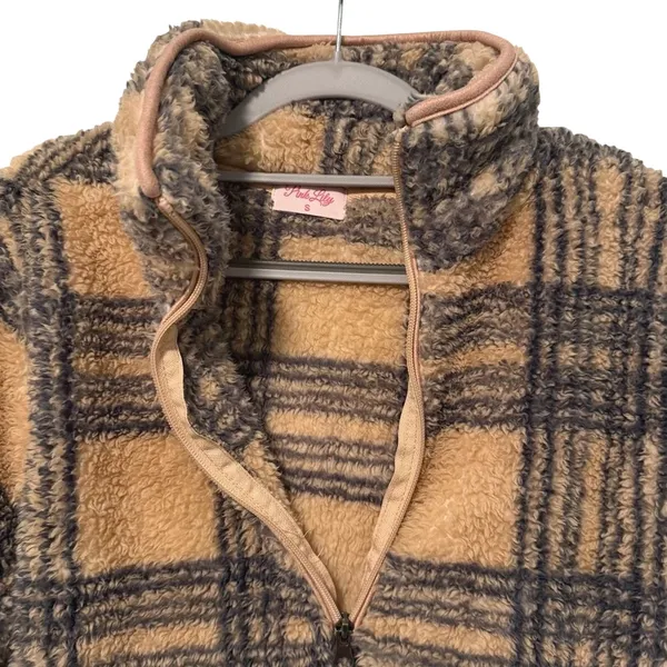 Pink Lily Quarter Zip Pullover Brown Plaid Faux Fur Teddy Sherpa‎ Fleece Women S - Image 2