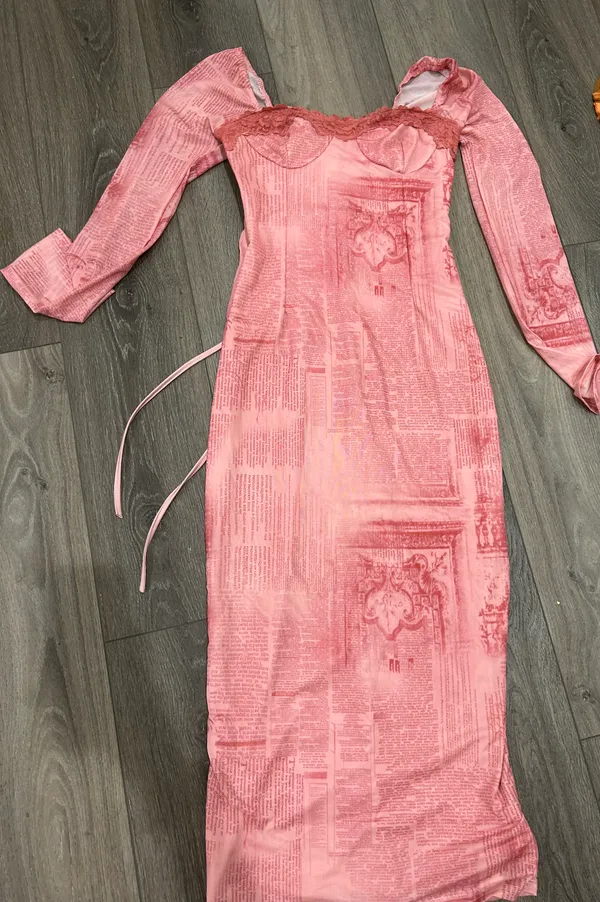 Corset Mesh Midi Dress, pink retro print, fitted long sleeves, lace up back - Image 3