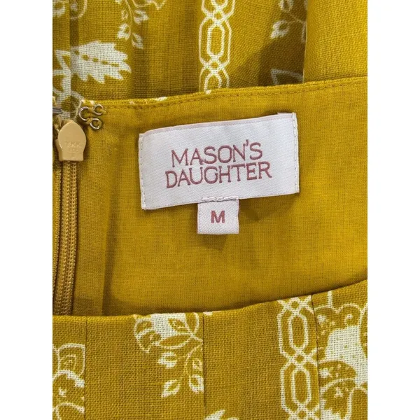 Mason's Daughter Mini Dress Yellow Emma Saffron Floral Square Puffed Boho Medium - Image 4