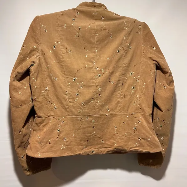 Relativity Womens Corduroy‎ Embroidered Floral Jacket Tan Zip Up Stand Collar - Image 2