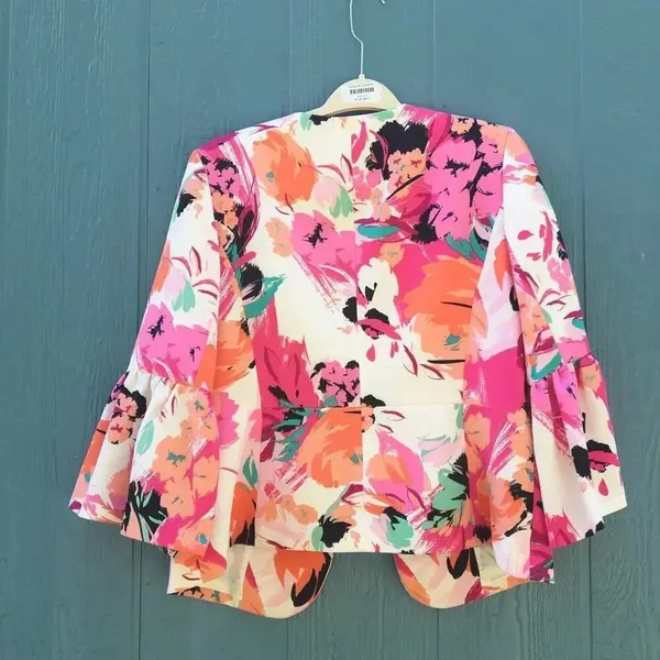 NEW Nine West Women’s Size 12 Ruffle Sleeve Pink Floral Blazer Jacket v6x - Image 5