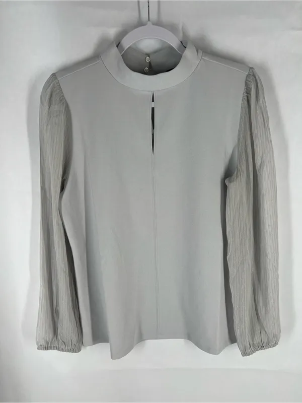 Ann Taylor Gray Mixed Media Mock Neck Blouse Size M - Image 2