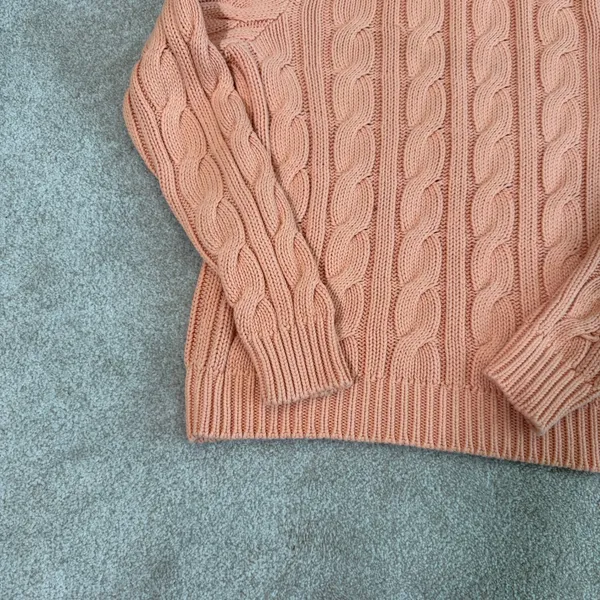 Lauren Ralph Lauren Womens Cotton Sweater L Peach Cable Knit Turtleneck‎ Chunky - Image 7