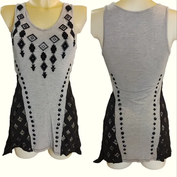 VOCAL Grey and Black Aztec Embroidered Tank with Lace and Jewel Detail - Image 2