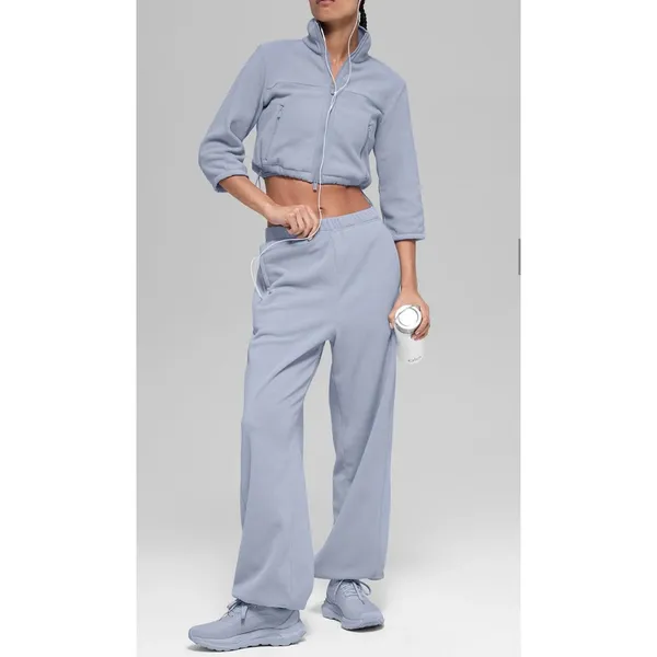 Alo Yoga Polar Fleece Retreat Cropped jacket & Joggers Size XS Winter Frost Blue - Image 6