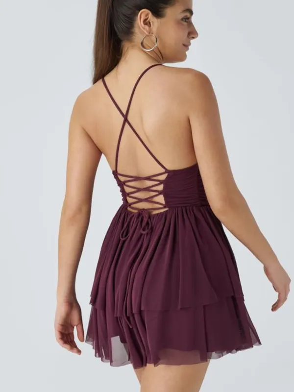 NWOT Halara Red Lace Up Mesh Layered Mini Dress - Image 2