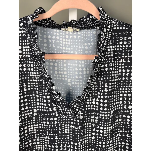 Jodifl Black White‎ Geometric Print Blouse Ruffle Sleeve V Neck Top L - Image 2