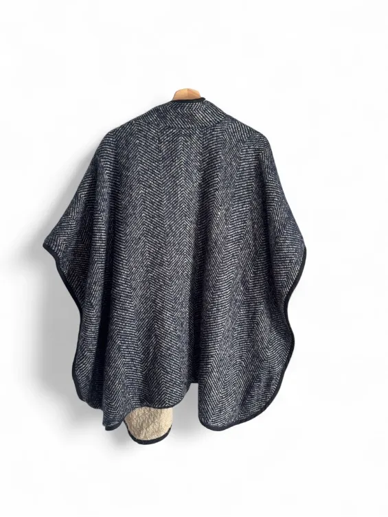 Free People Swept Away Navy & Cream Herringbone Zip Front Free Size Poncho O/S - Image 4