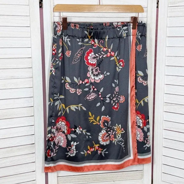 Loft Floral‎ Satin Faux Wrap Scarf Skirt Grey Coral Medium - Image 8