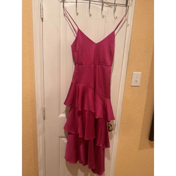 Lulus Charming Crush Hot Pink Satin Tiered Ruffled Midi Dress size xs - Image 3